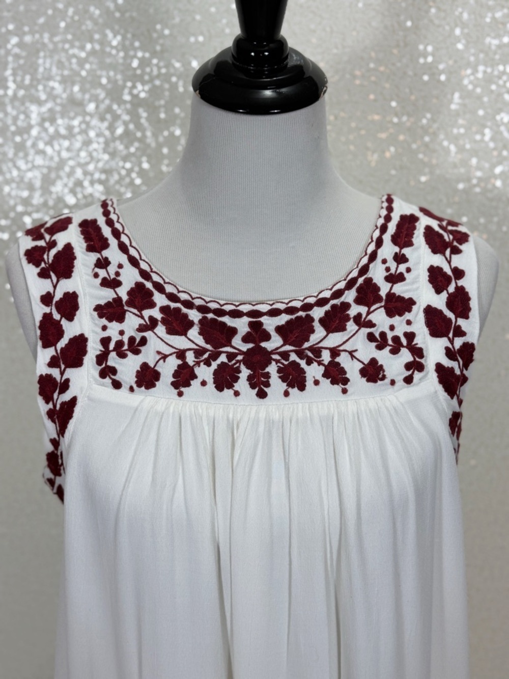 Lucky Brand White Embroidered Dress Boho Tunic Shift maroon embroidered floral - Picture 11 of 16